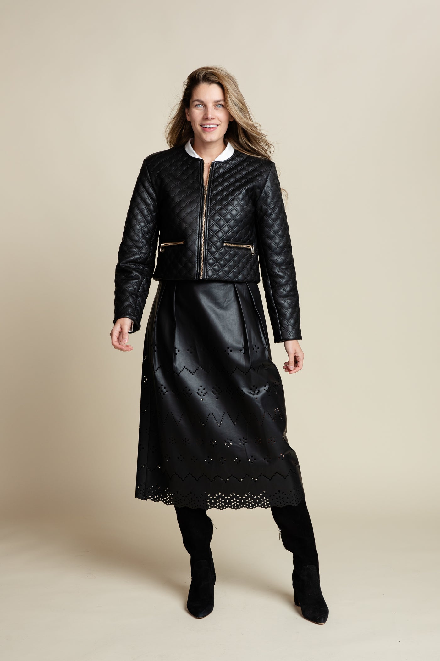 The Avalon Lasercut Leather Midi Skirt | Black