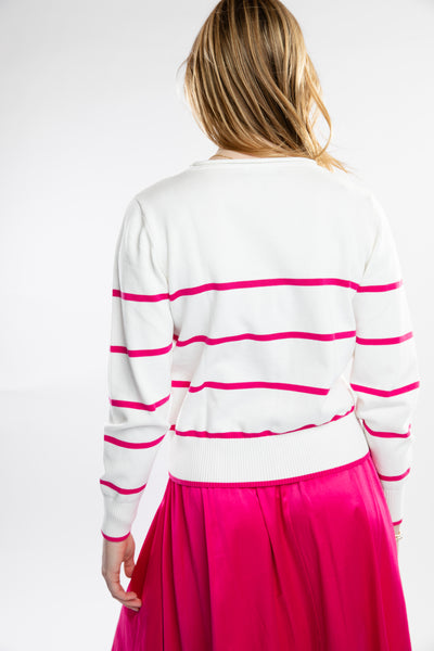 The Ellie Roll Neck Sweater | White & Fuchsia