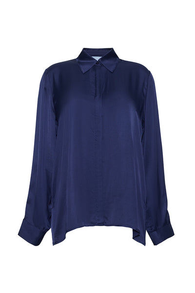 The Elle Satin Button-Down Shirt | Navy
